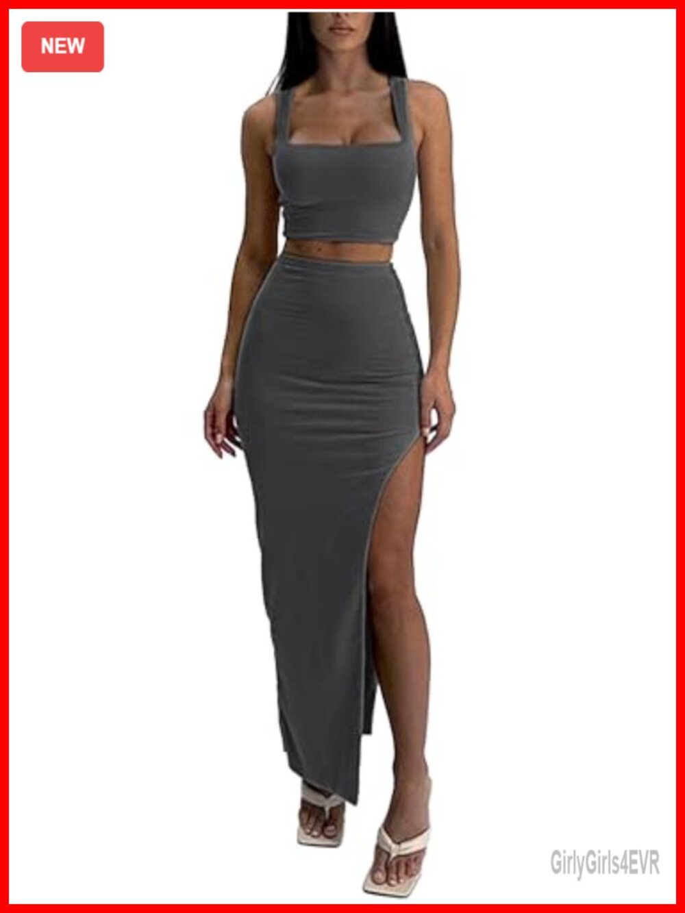 Two Piece Maxi Skirt Set Sleeveless Square Neck Crop Top Side Slit Bodycon